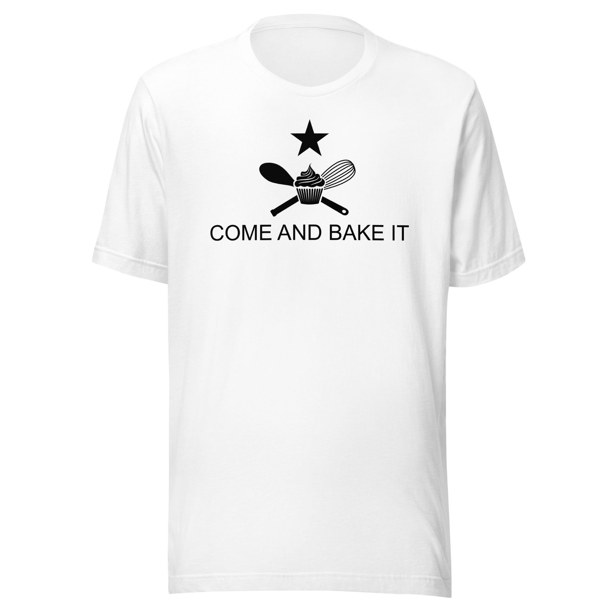 white shirt with text "come and bake it" with a cupcake, whisk, mixing spoon. and star design