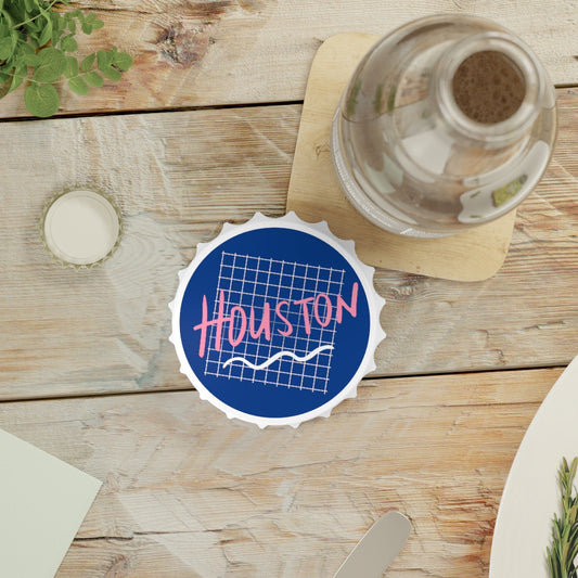 Houston Retro Bottle Opener - Magnetic Bottle Cap | Retro Grid Htown HTX Screwston 90's Vintage Minimal | Be Someone