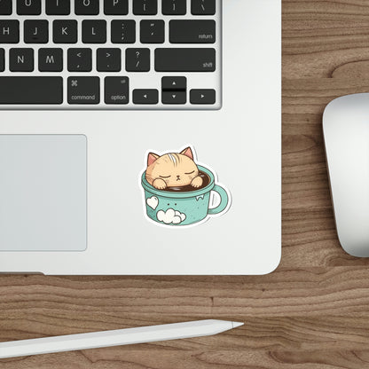 Cute Coffee Cat Sticker | Kawaii Sleepy Kitty Cup