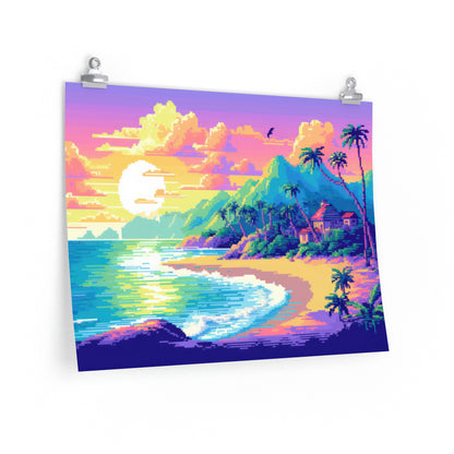 Vaporwave Beach Pixel Poster Matte Art Print | Aesthetic New Zealand Gamer Wall Decor