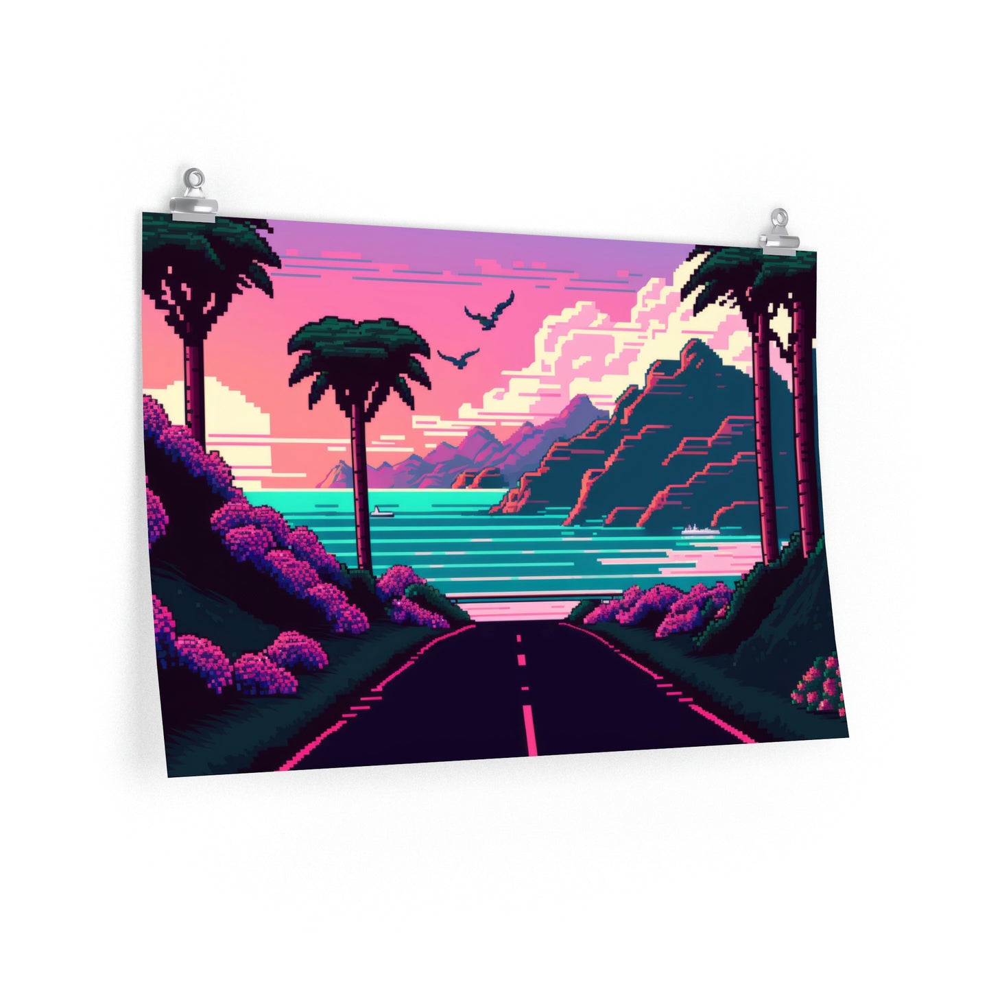 Vaporwave Road To Paradise Pixel Poster Matte Art Print | Aesthetic Synthwave Gamer Wall Decor