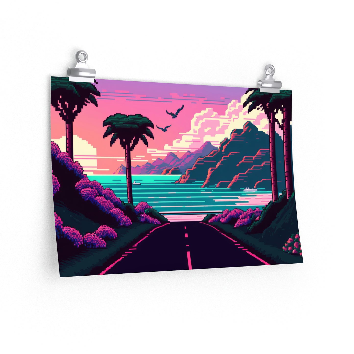 Vaporwave Road To Paradise Pixel Poster Matte Art Print | Aesthetic Synthwave Gamer Wall Decor