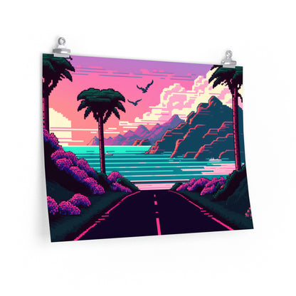 Vaporwave Road To Paradise Pixel Poster Matte Art Print | Aesthetic Synthwave Gamer Wall Decor