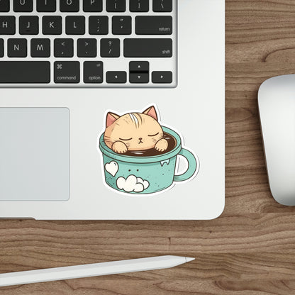 Cute Coffee Cat Sticker | Kawaii Sleepy Kitty Cup