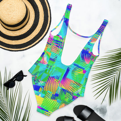 Colorful Glitch 80's Swimsuit | Vaporwave Aesthetic Summer Wear | One-Piece Women's Swimwear XS-3XL