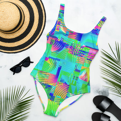 Colorful Glitch 80's Swimsuit | Vaporwave Aesthetic Summer Wear | One-Piece Women's Swimwear XS-3XL