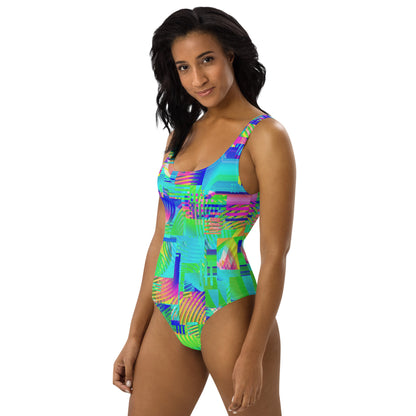 Colorful Glitch 80's Swimsuit | Vaporwave Aesthetic Summer Wear | One-Piece Women's Swimwear XS-3XL