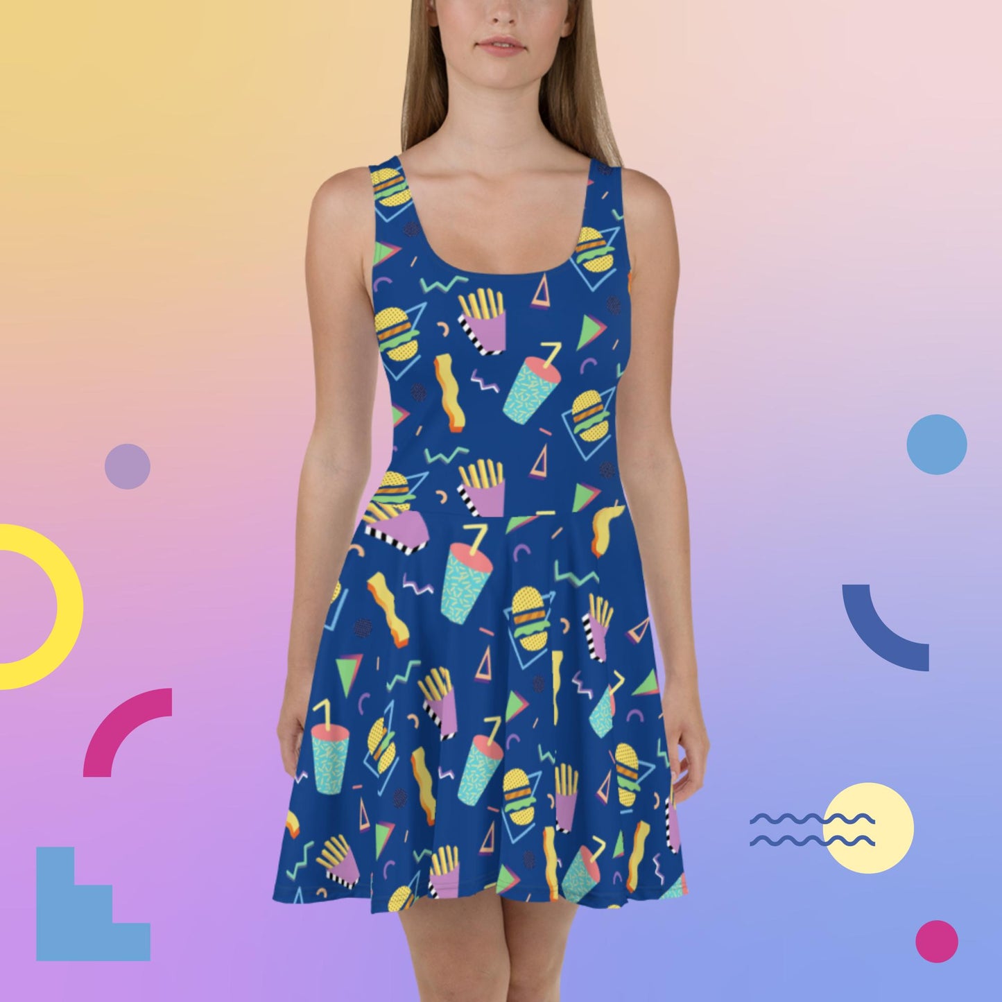 80's Fast Food Skater Dress | Burger Fries Soda Pattern | Retro 90's Skating Rink Aesthetic