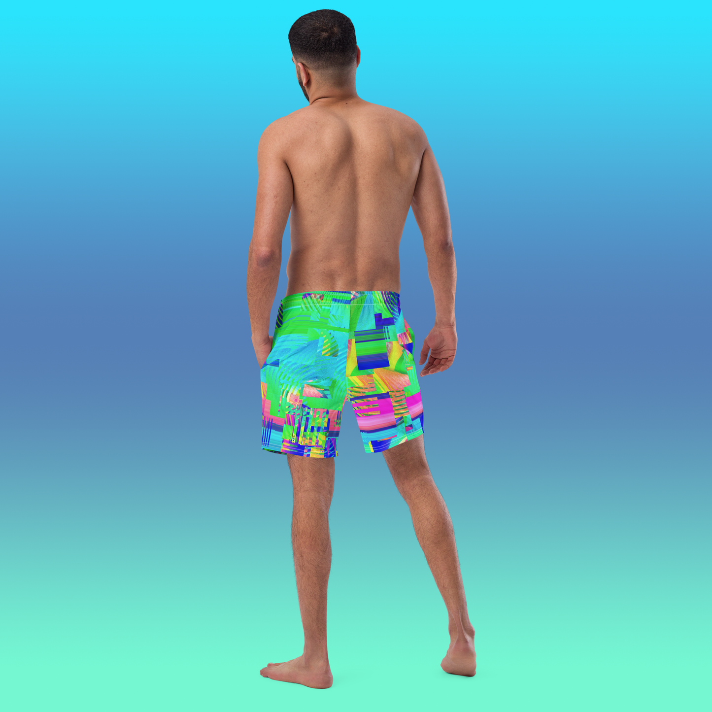 Colorful Glitch 80's Swim Trunks | Vaporwave Aesthetic Summer Wear Swimsuit | 2XS-6XL