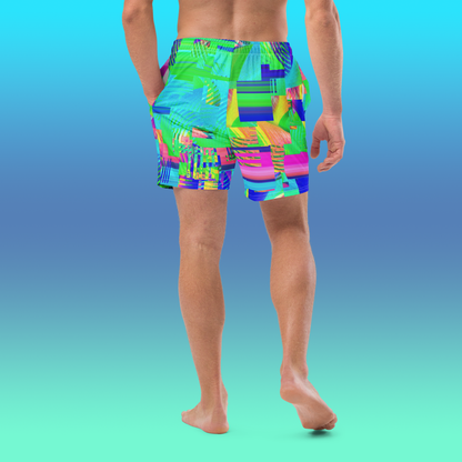 Colorful Glitch 80's Swim Trunks | Vaporwave Aesthetic Summer Wear Swimsuit | 2XS-6XL