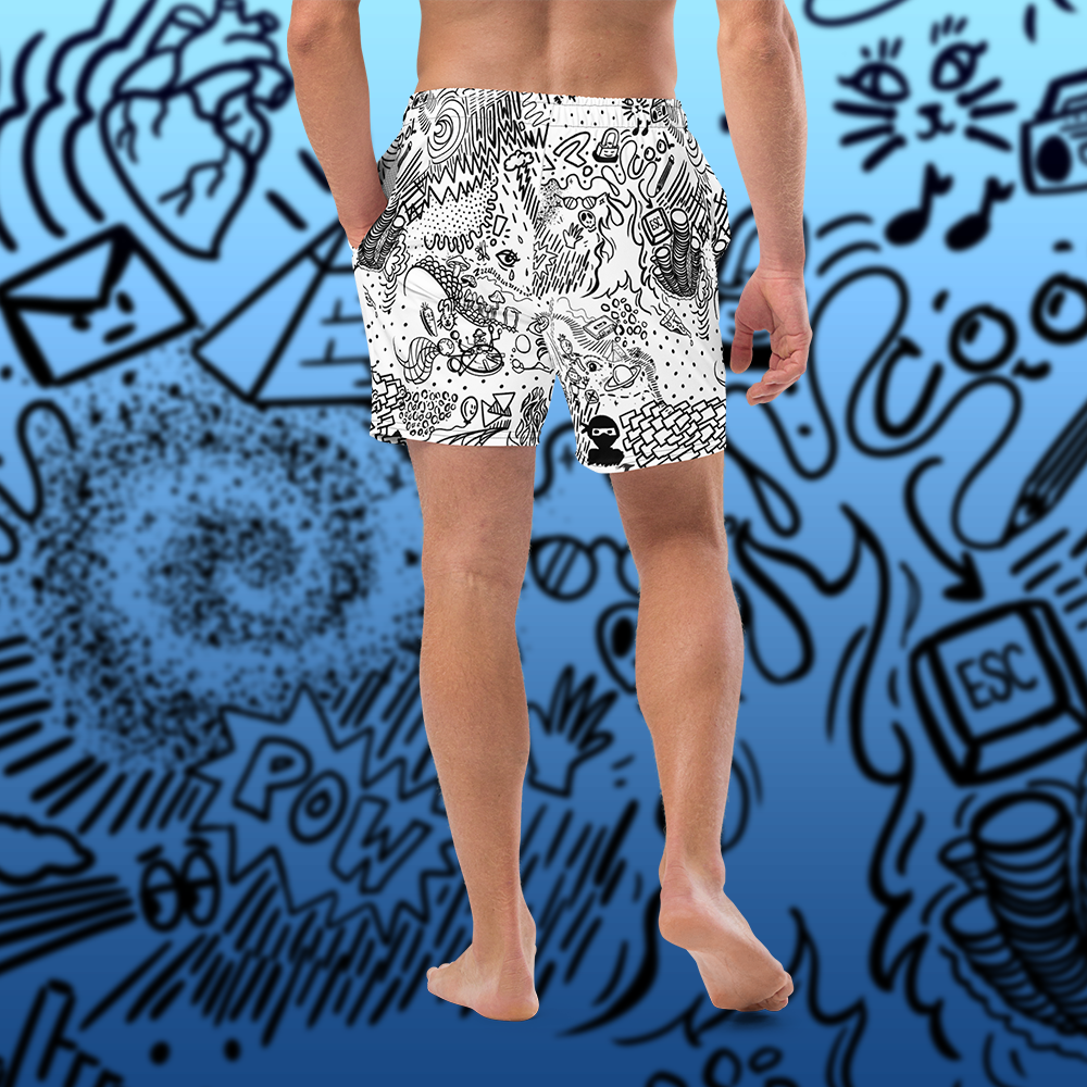 Doodle Cartoon Swim Trunks | Unique Black and White Aesthetic Swimwear