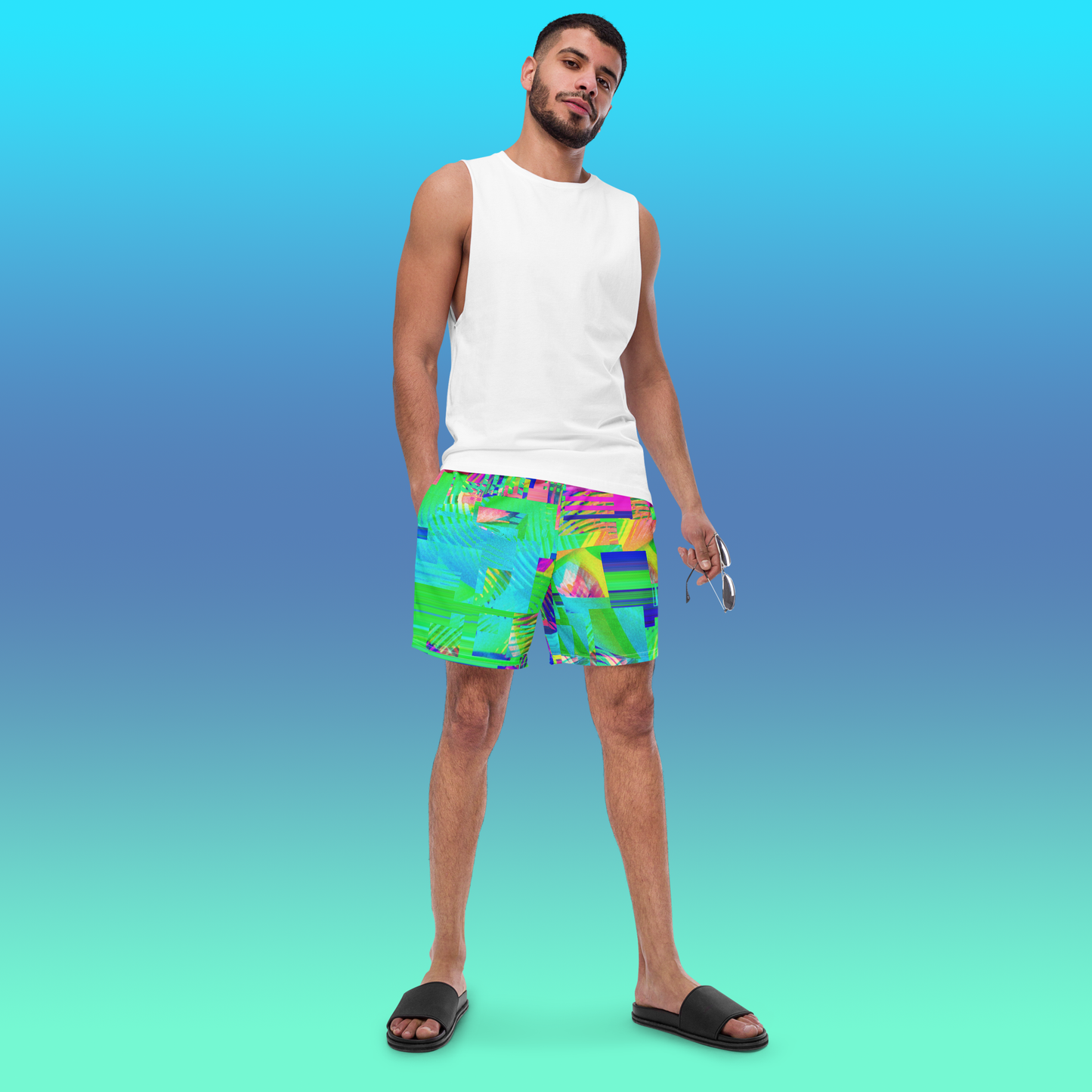 Colorful Glitch 80's Swim Trunks | Vaporwave Aesthetic Summer Wear Swimsuit | 2XS-6XL