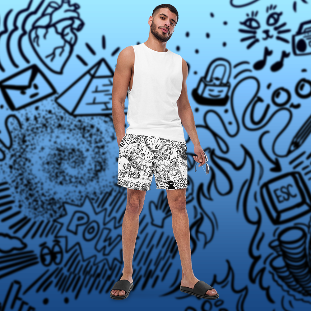 Doodle Cartoon Swim Trunks | Unique Black and White Aesthetic Swimwear