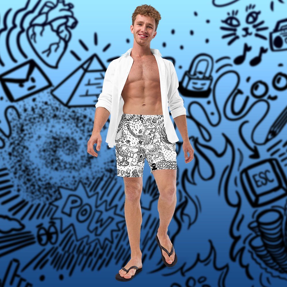 Doodle Cartoon Swim Trunks | Unique Black and White Aesthetic Swimwear