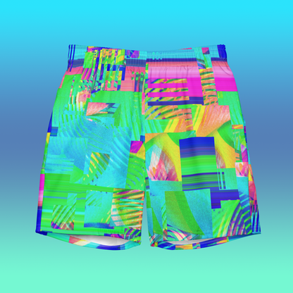 Colorful Glitch 80's Swim Trunks | Vaporwave Aesthetic Summer Wear Swimsuit | 2XS-6XL