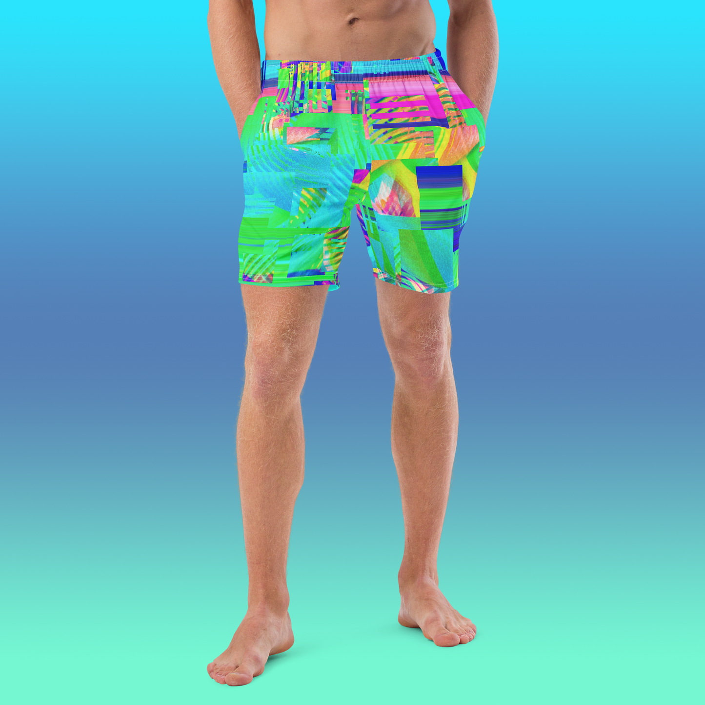 Colorful Glitch 80's Swim Trunks | Vaporwave Aesthetic Summer Wear Swimsuit | 2XS-6XL