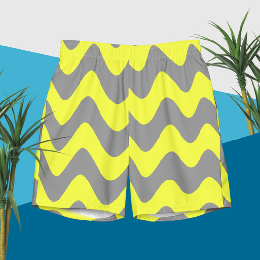 Trippy Wavy Swim Trunks with pockets | Gray Yellow Striped Zig Zag Men's Board Shorts | Psychedelic Wacky Shorts 2XS-6XL