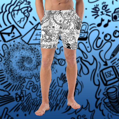 Doodle Cartoon Swim Trunks | Unique Black and White Aesthetic Swimwear