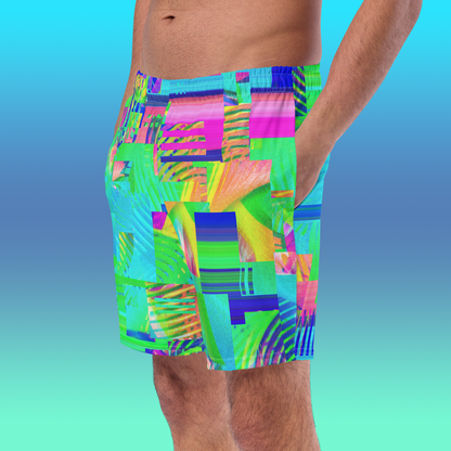 Colorful Glitch 80's Swim Trunks | Vaporwave Aesthetic Summer Wear Swimsuit | 2XS-6XL