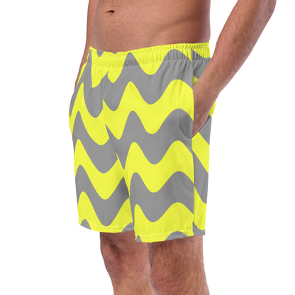 Trippy Wavy Swim Trunks with pockets | Gray Yellow Striped Zig Zag Men's Board Shorts | Psychedelic Wacky Shorts 2XS-6XL