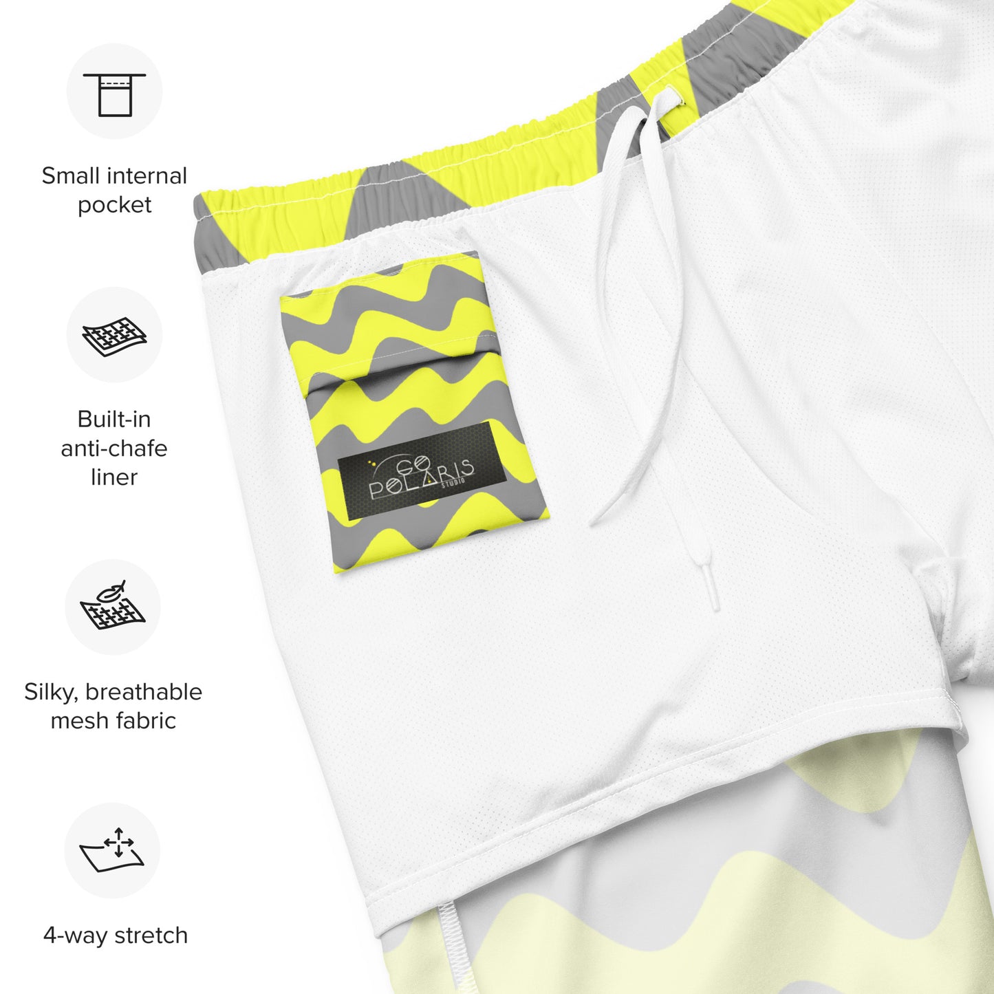 Trippy Wavy Swim Trunks with pockets | Gray Yellow Striped Zig Zag Men's Board Shorts | Psychedelic Wacky Shorts 2XS-6XL