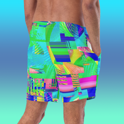 Colorful Glitch 80's Swim Trunks | Vaporwave Aesthetic Summer Wear Swimsuit | 2XS-6XL