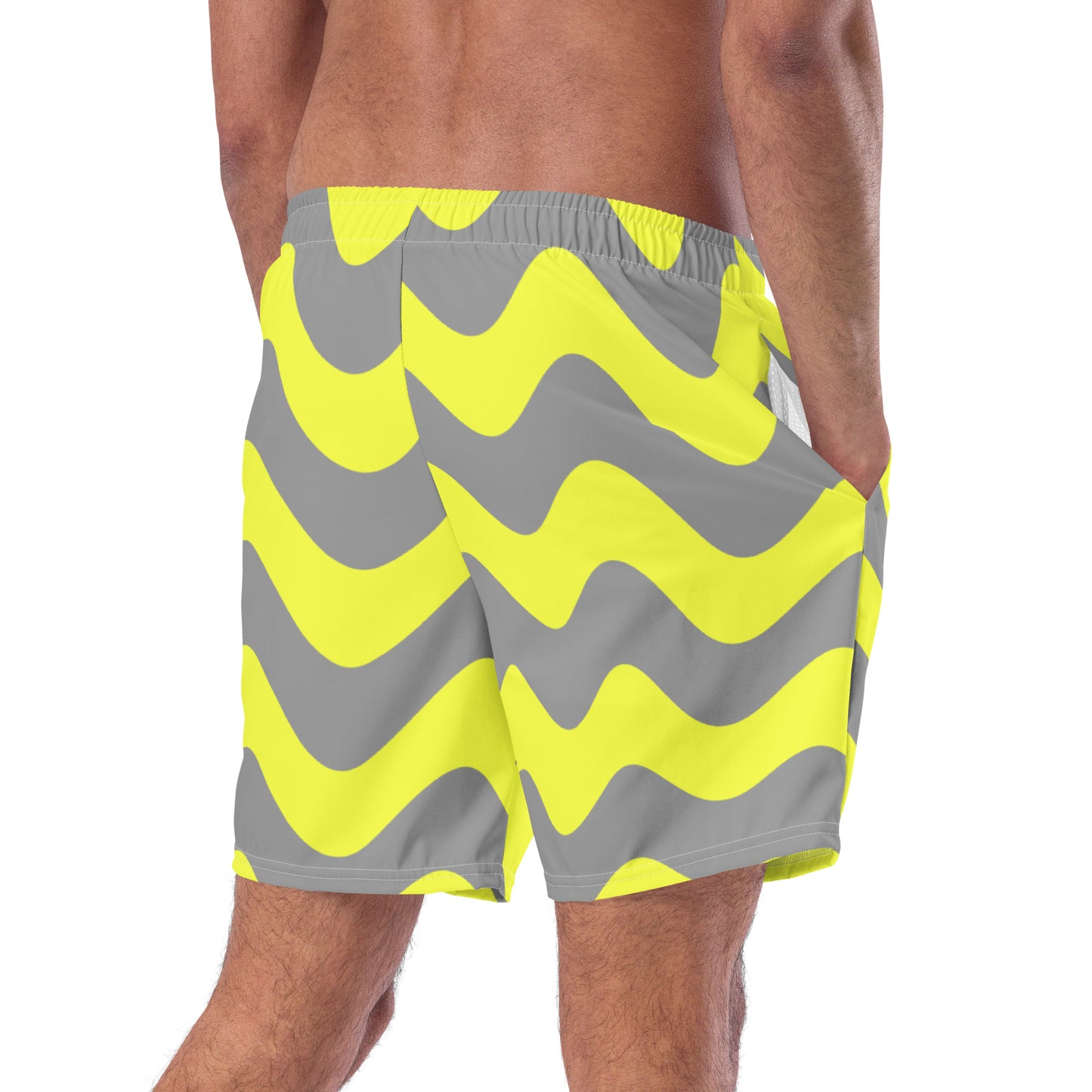 Trippy Wavy Swim Trunks with pockets | Gray Yellow Striped Zig Zag Men's Board Shorts | Psychedelic Wacky Shorts 2XS-6XL