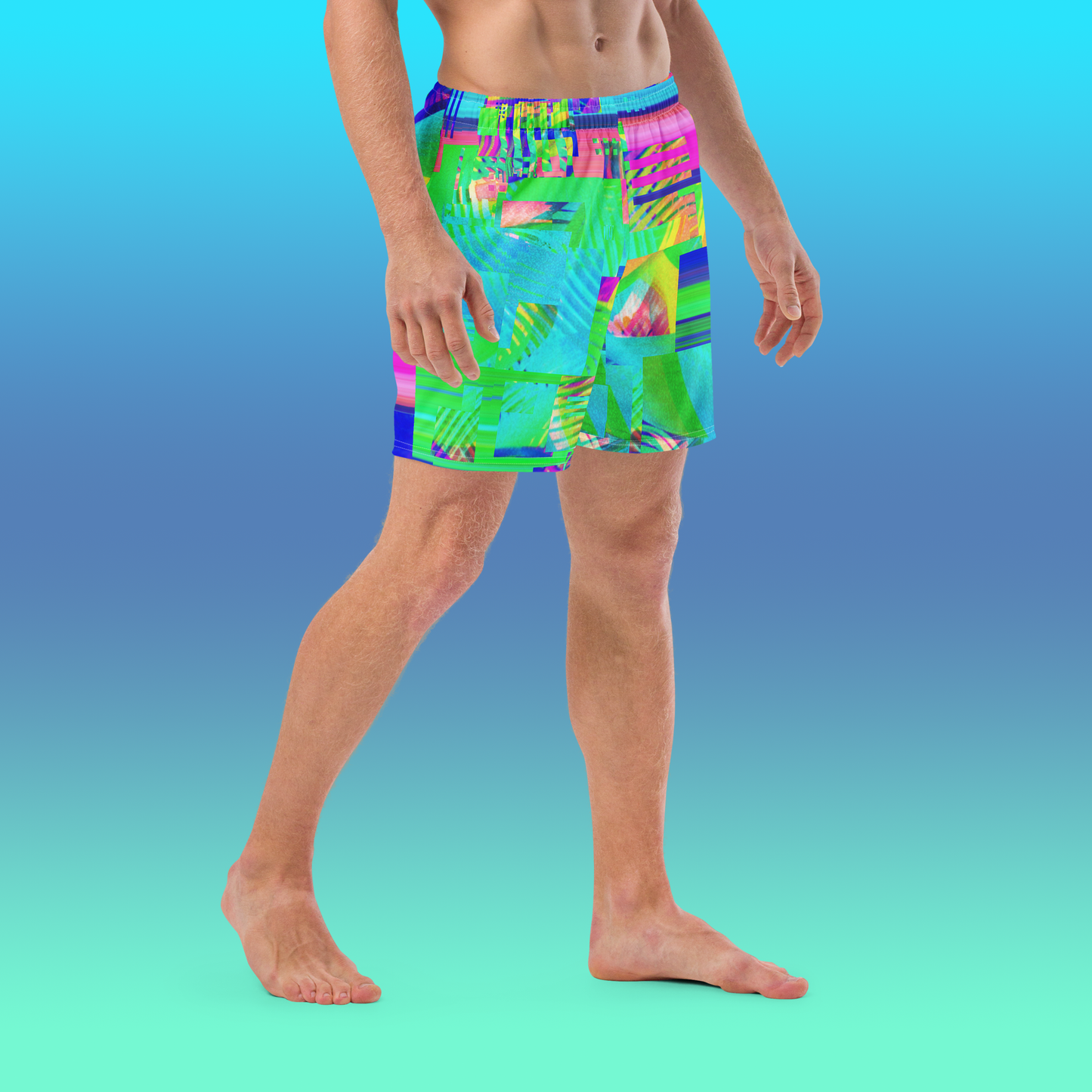 Colorful Glitch 80's Swim Trunks | Vaporwave Aesthetic Summer Wear Swimsuit | 2XS-6XL