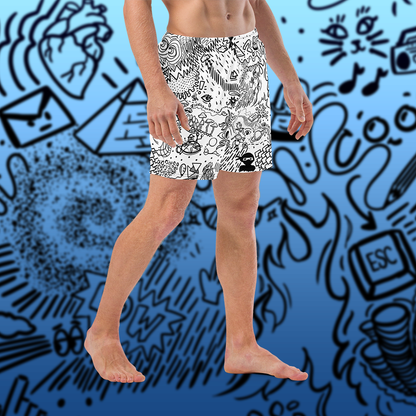 Doodle Cartoon Swim Trunks | Unique Black and White Aesthetic Swimwear