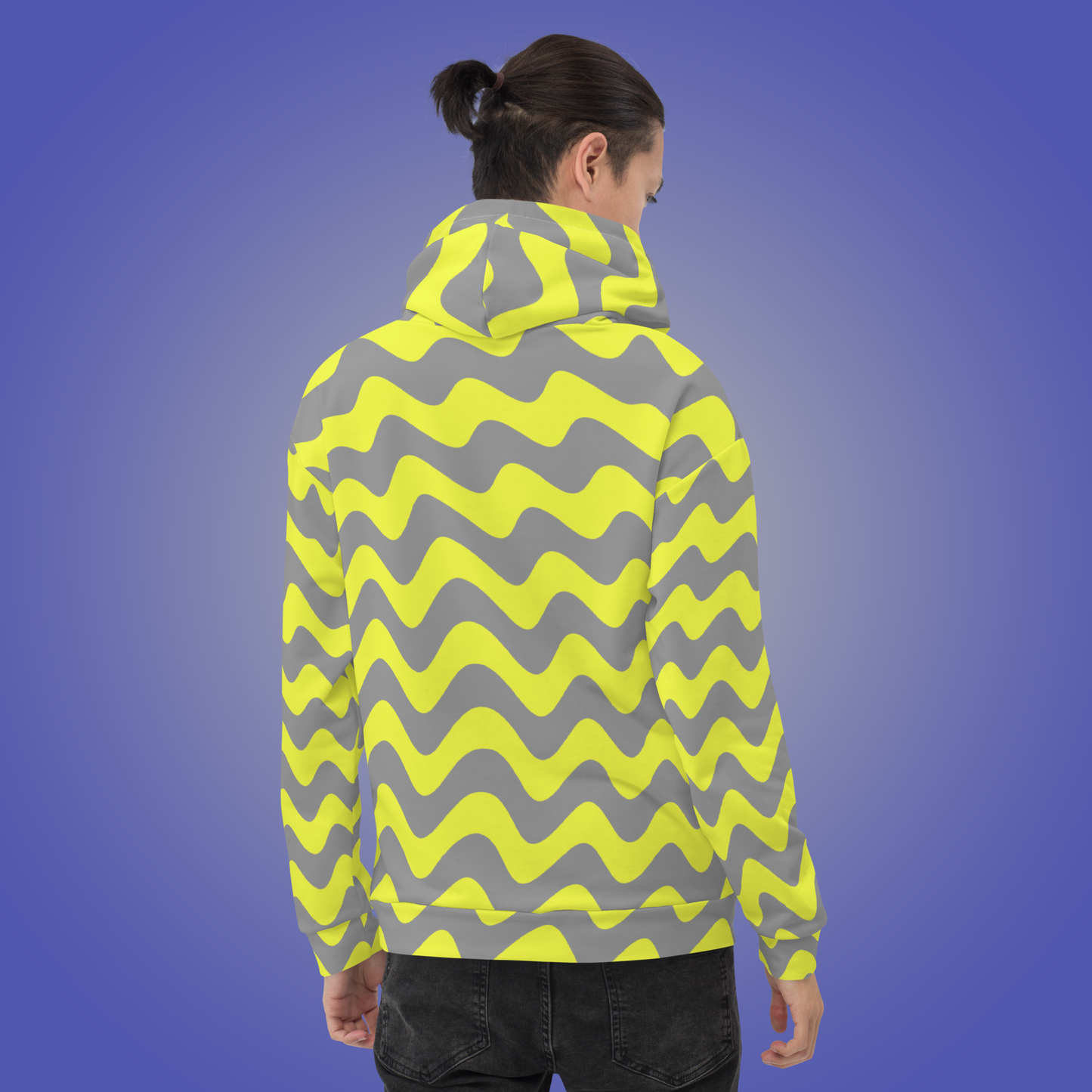 Trippy Wavy Striped Hoodie | Abstract Gray and Yellow Psychedelic Statement Aesthetic Streetwear