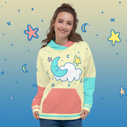 Cute Moon & Stars Color Block Hoodie | Cute Pastel Aesthetic Kidcore Unisex Sweatshirt