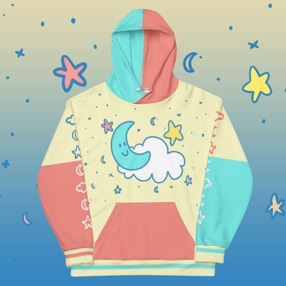 Cute Moon & Stars Color Block Hoodie | Cute Pastel Aesthetic Kidcore Unisex Sweatshirt