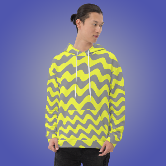 Trippy Wavy Striped Hoodie | Abstract Gray and Yellow Psychedelic Statement Aesthetic Streetwear