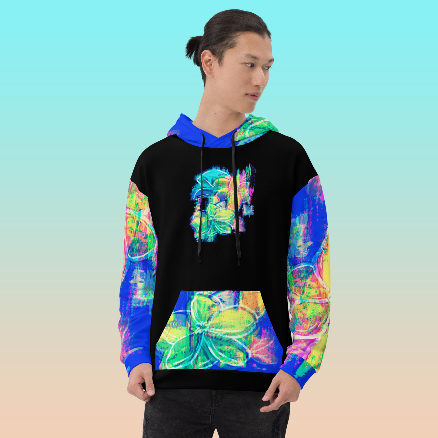 Neon Flower Glitch Hoodie | Unique Unisex Abstract Apparel XS-3XL