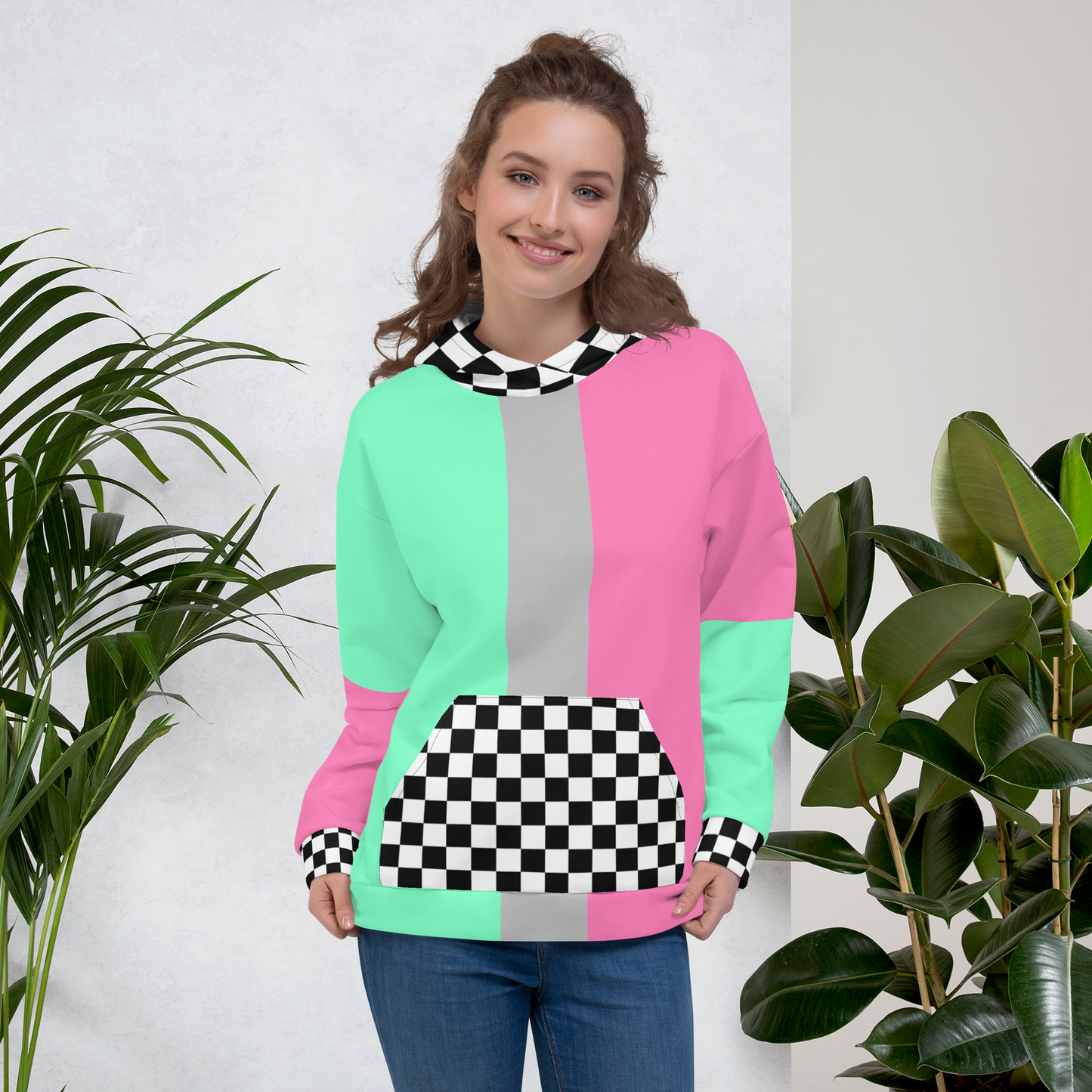 Color Block Watermelon Hoodie Mint Pink Unisex Fit | Aesthetic Kawaii Skater Checkerboard Apparel XS-3XL