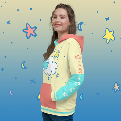 Cute Moon & Stars Color Block Hoodie | Cute Pastel Aesthetic Kidcore Unisex Sweatshirt