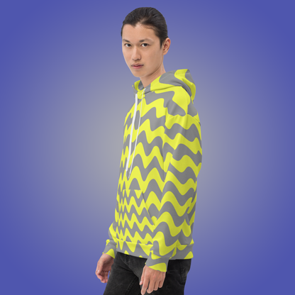 Trippy Wavy Striped Hoodie | Abstract Gray and Yellow Psychedelic Statement Aesthetic Streetwear