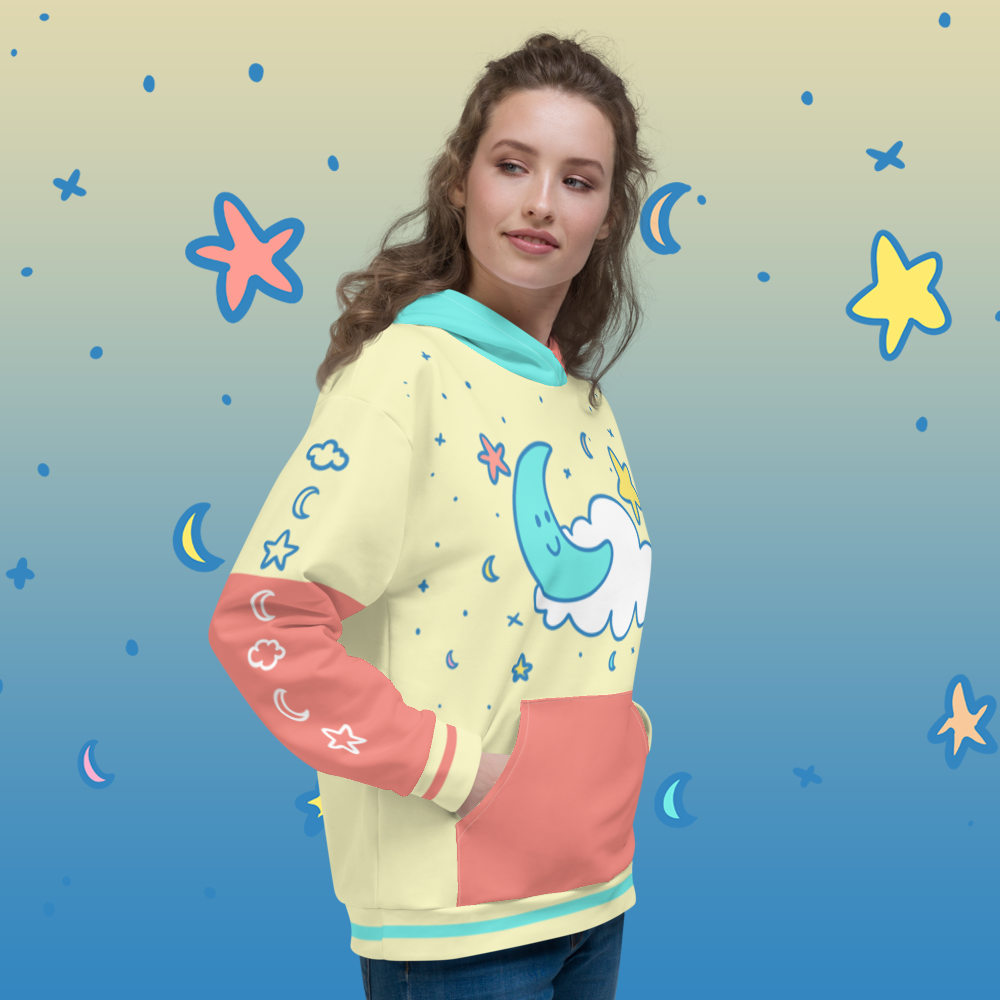 Cute Moon & Stars Color Block Hoodie | Cute Pastel Aesthetic Kidcore Unisex Sweatshirt