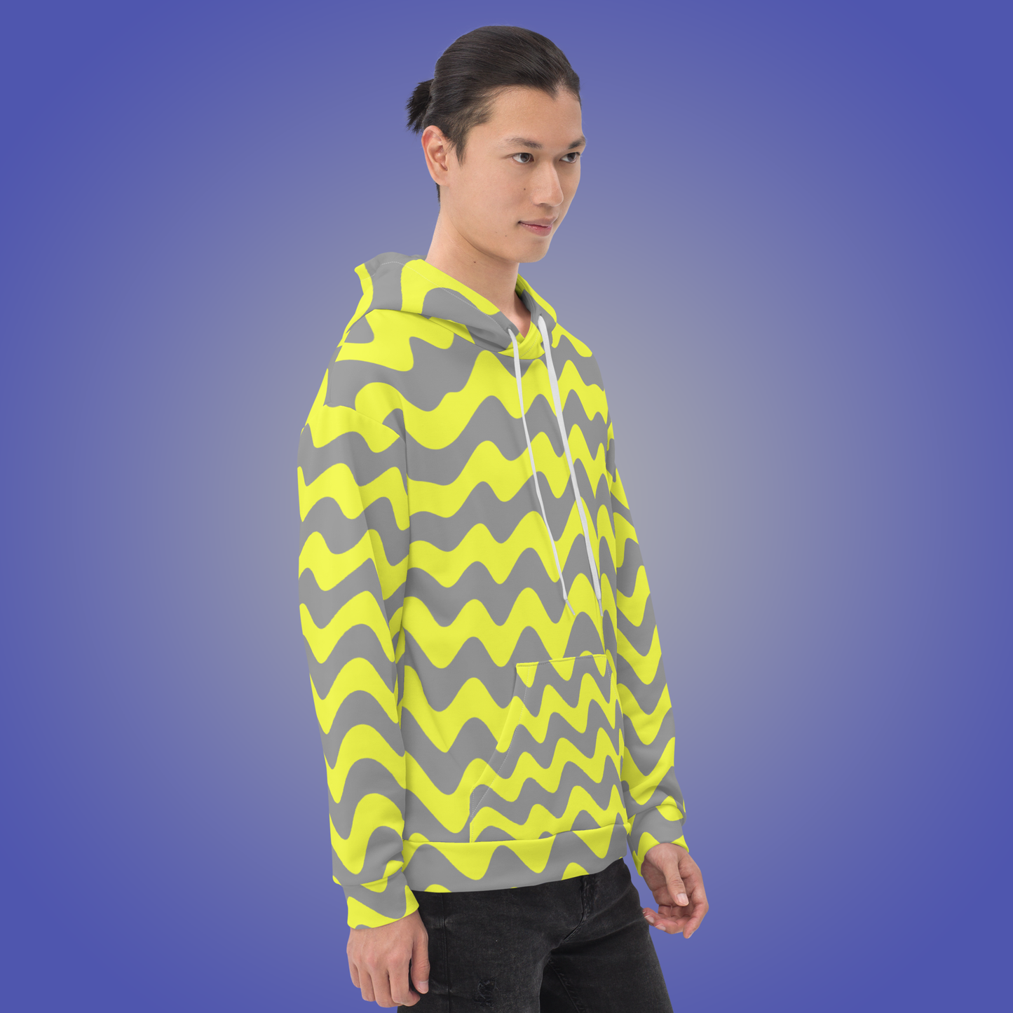 Trippy Wavy Striped Hoodie | Abstract Gray and Yellow Psychedelic Statement Aesthetic Streetwear