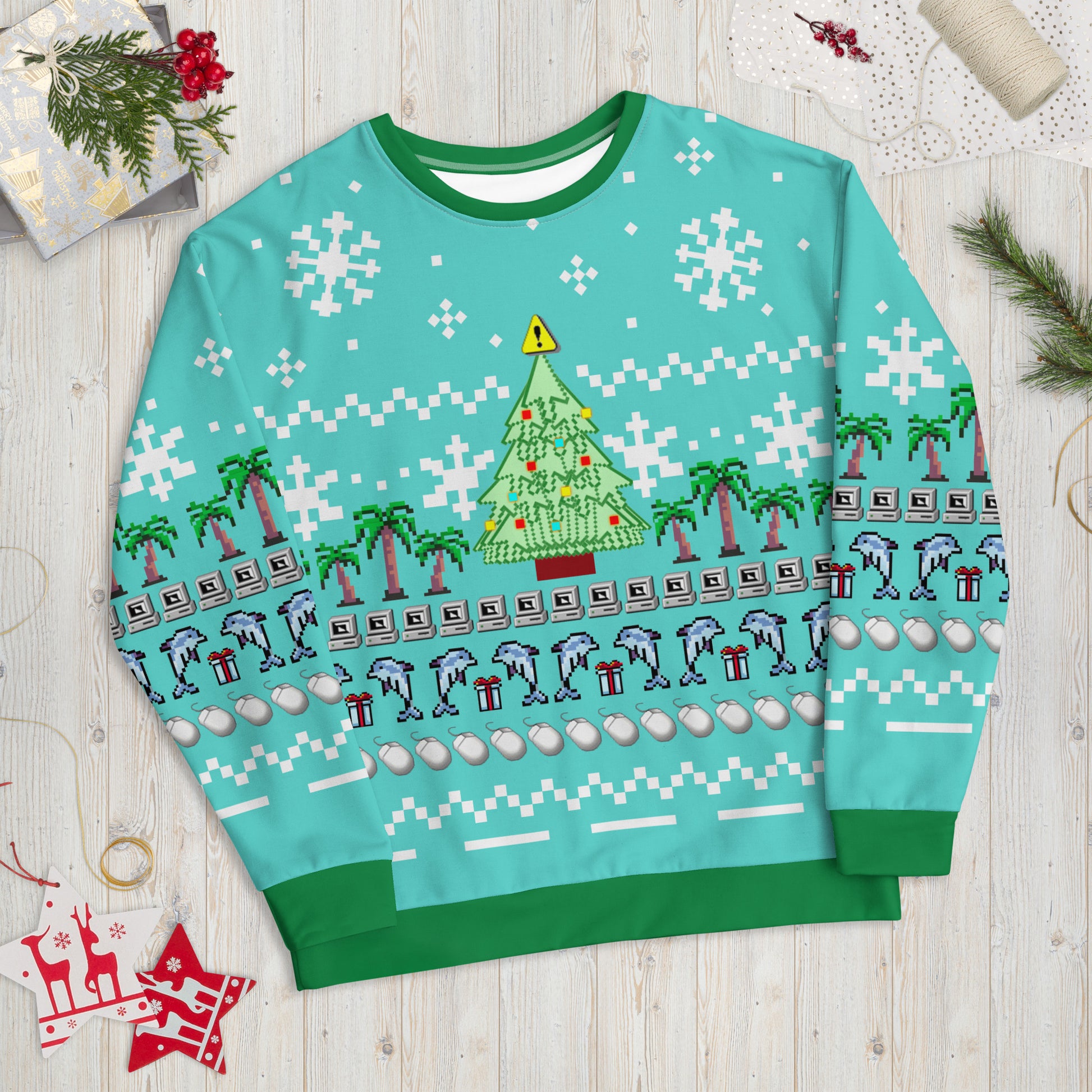 Vaporwave Ugly Christmas Sweater Aesthetic Sweatshirt Dolphin Palm Tree