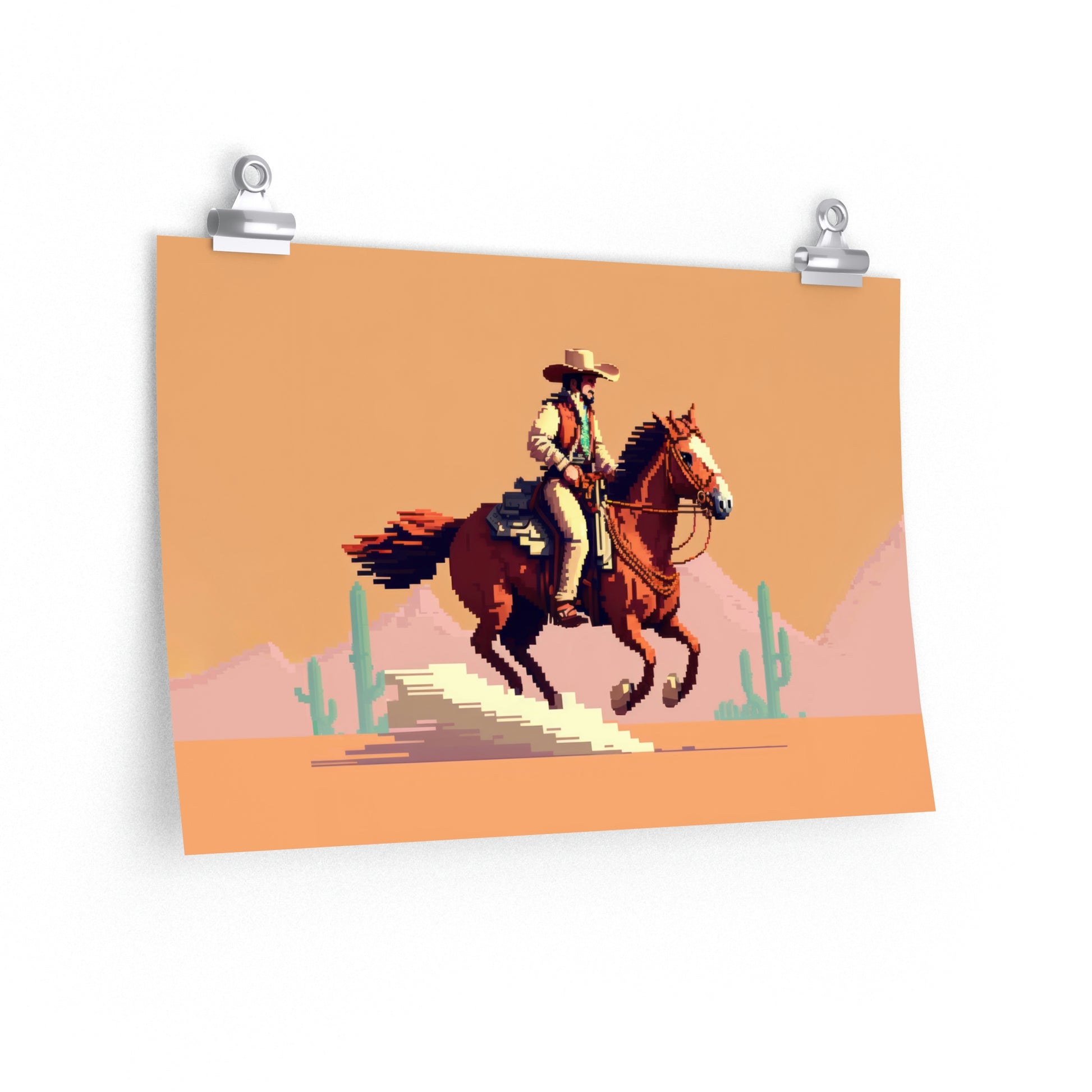 pixel art poster, cowboy riding a horse in the desert