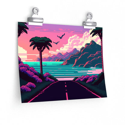 Vaporwave Road To Paradise Pixel Poster Matte Art Print | Aesthetic Synthwave Gamer Wall Decor