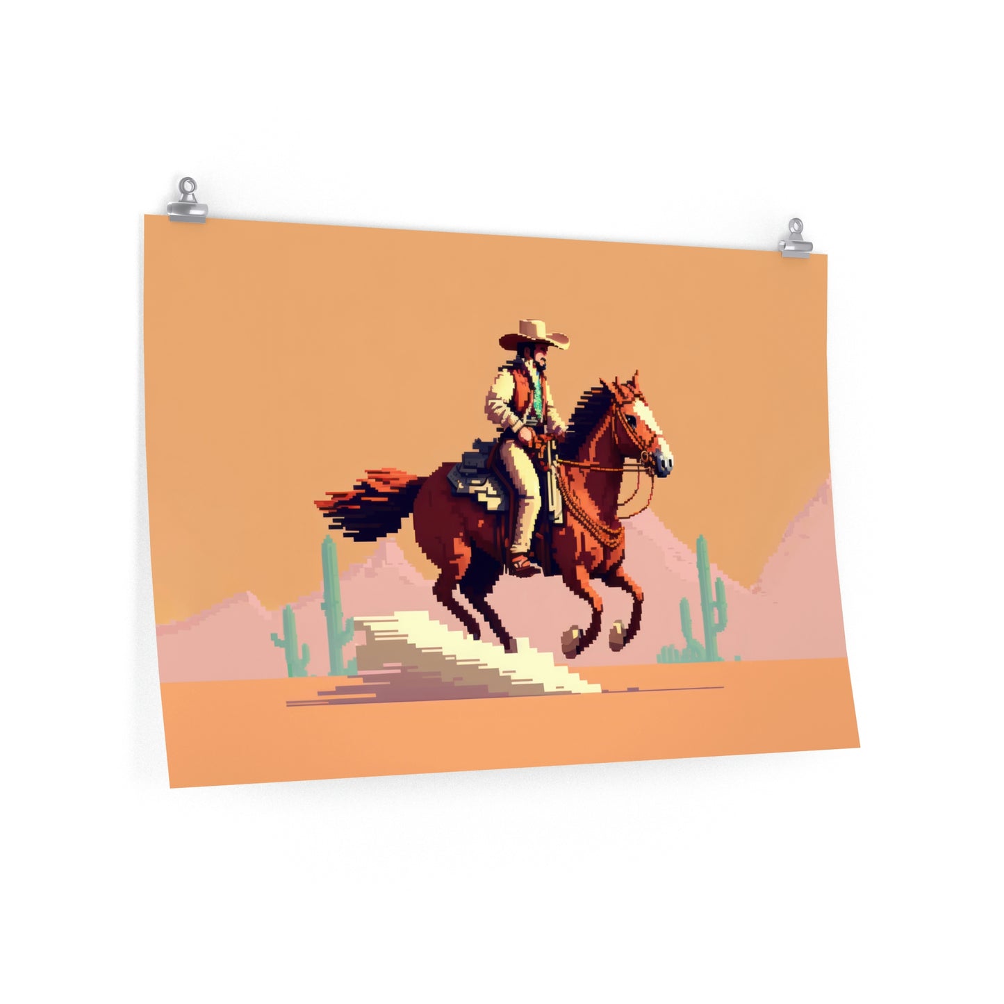 pixel art poster, cowboy riding a horse in the desert