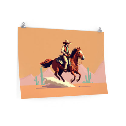 pixel art poster, cowboy riding a horse in the desert