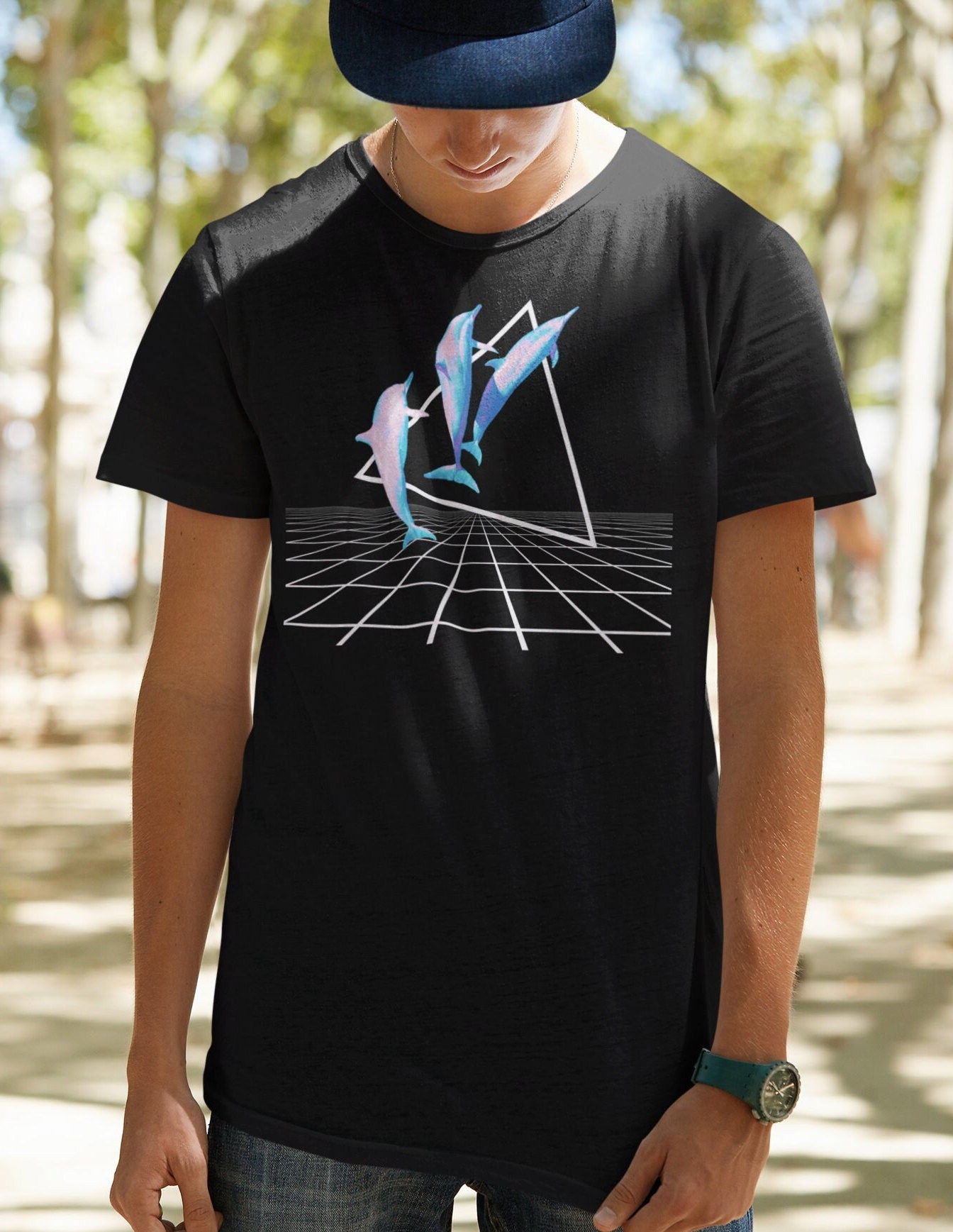 Vaporwave Aesthetic Dolphin Grid Shirt | 80s 90s Kawaii Unisex Cute Tee