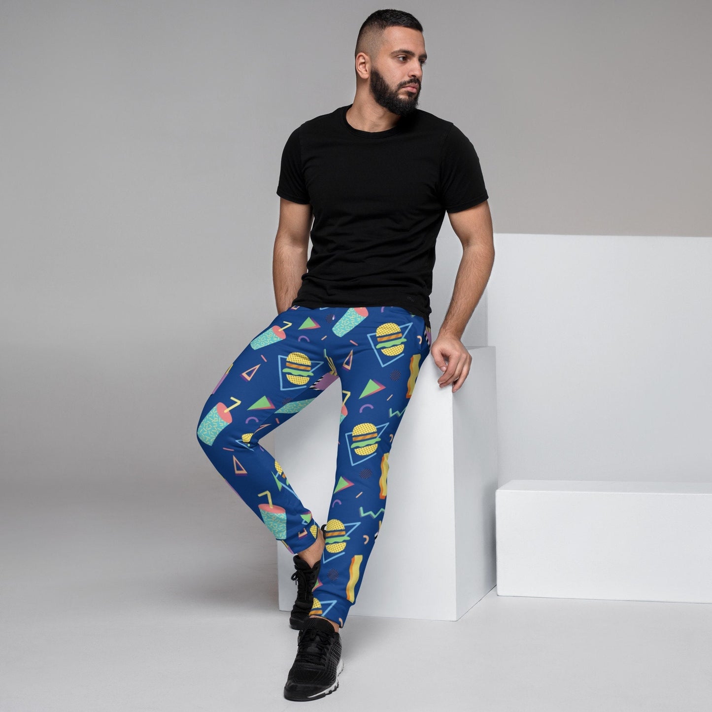 Fast Food 80's Memphis PJ Pants | Burger Fries Soda Pattern | Men's Joggers Pockets | Guys Sweatpants Pajamas XS-3XL