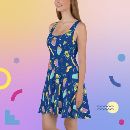 80's Fast Food Skater Dress | Burger Fries Soda Pattern | Retro 90's Skating Rink Aesthetic