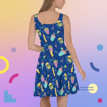 80's Fast Food Skater Dress | Burger Fries Soda Pattern | Retro 90's Skating Rink Aesthetic