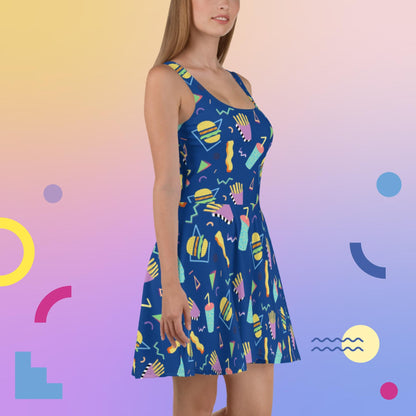 80's Fast Food Skater Dress | Burger Fries Soda Pattern | Retro 90's Skating Rink Aesthetic