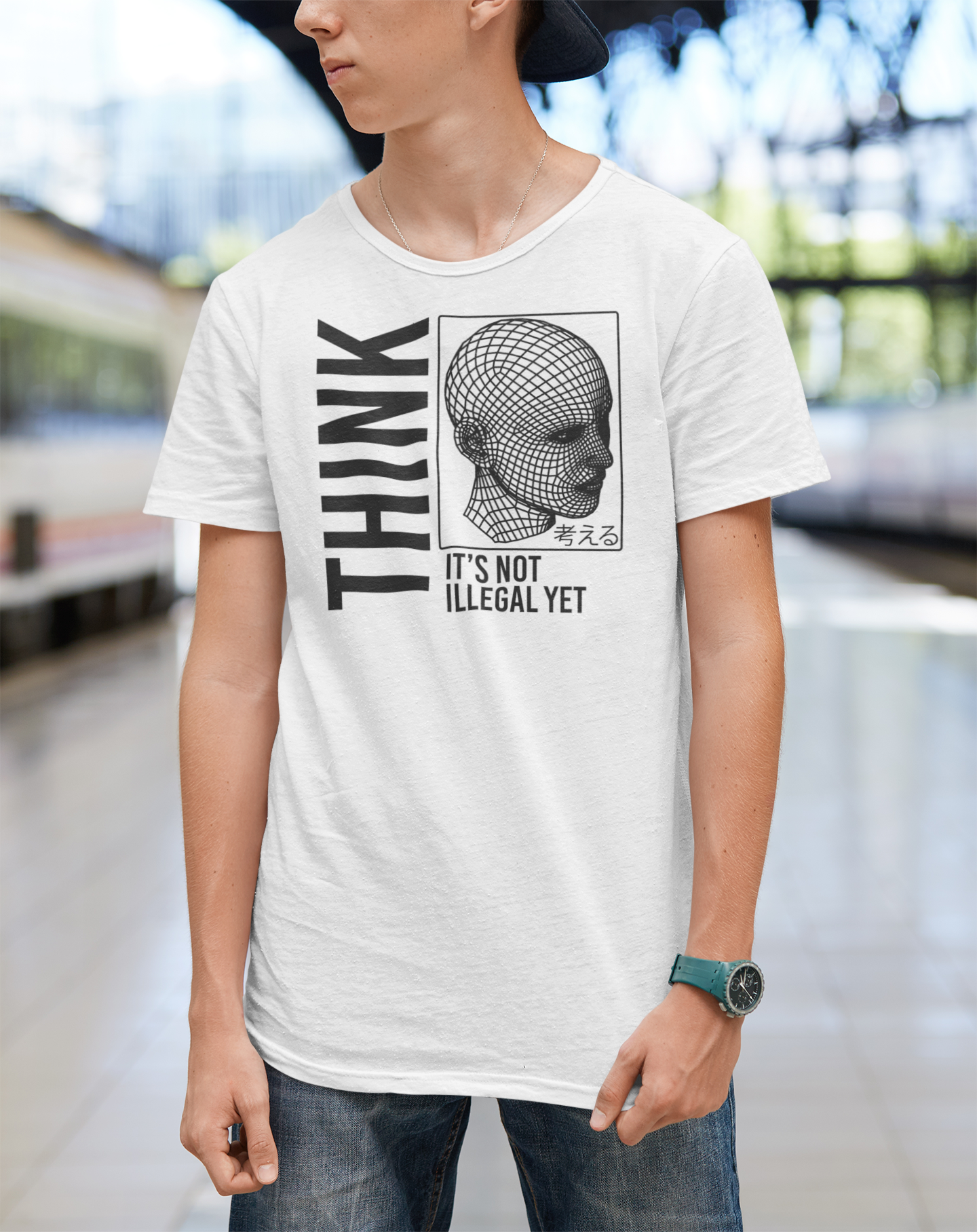 Think. It's Not Illegal Yet, Modern cyberpunk vaporwave style, with a Japanese "think" accent